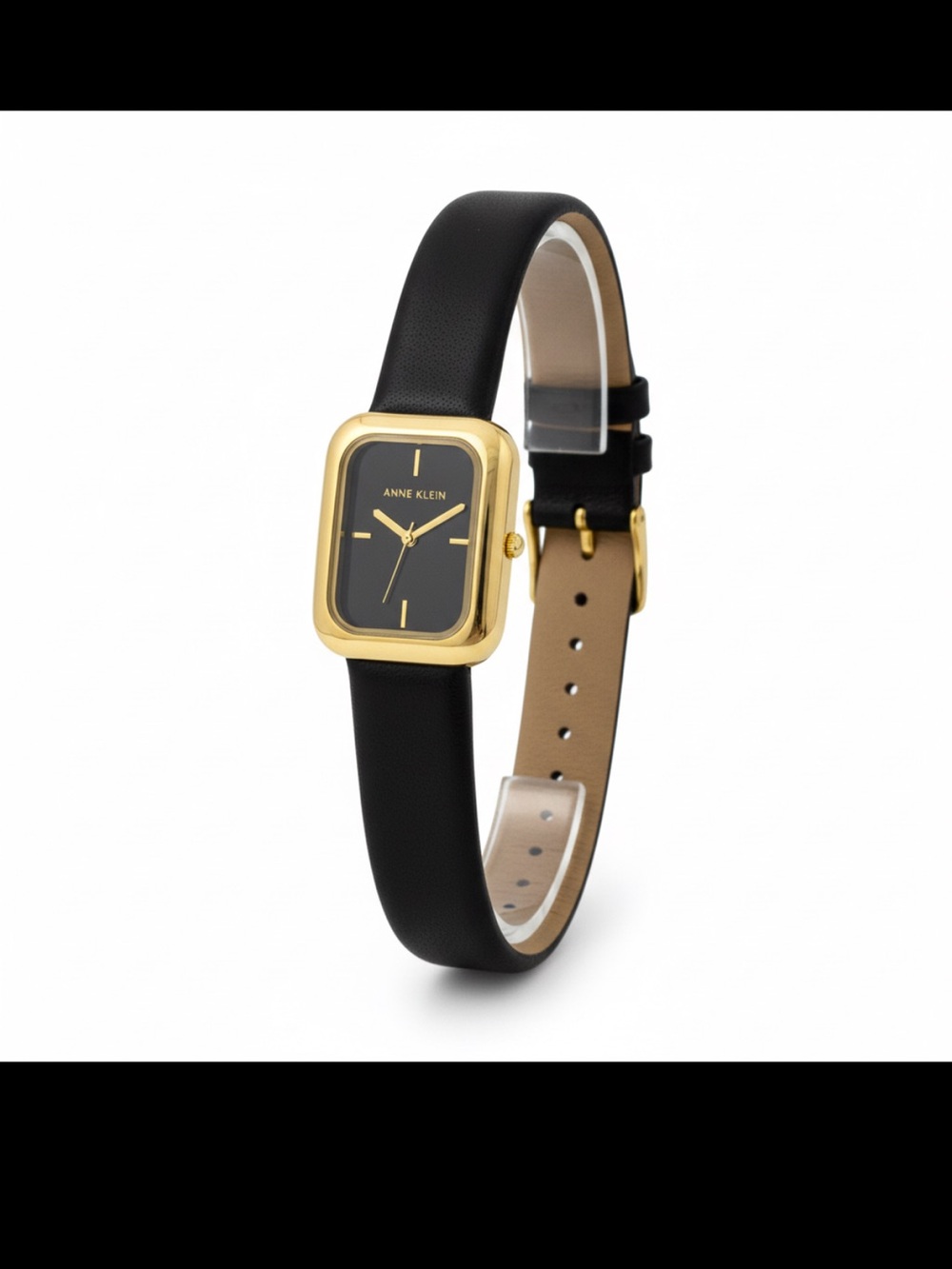 Anne Klein Gold Tone Black Dial Rectangular Vegan Leather Strap Watch NWOT